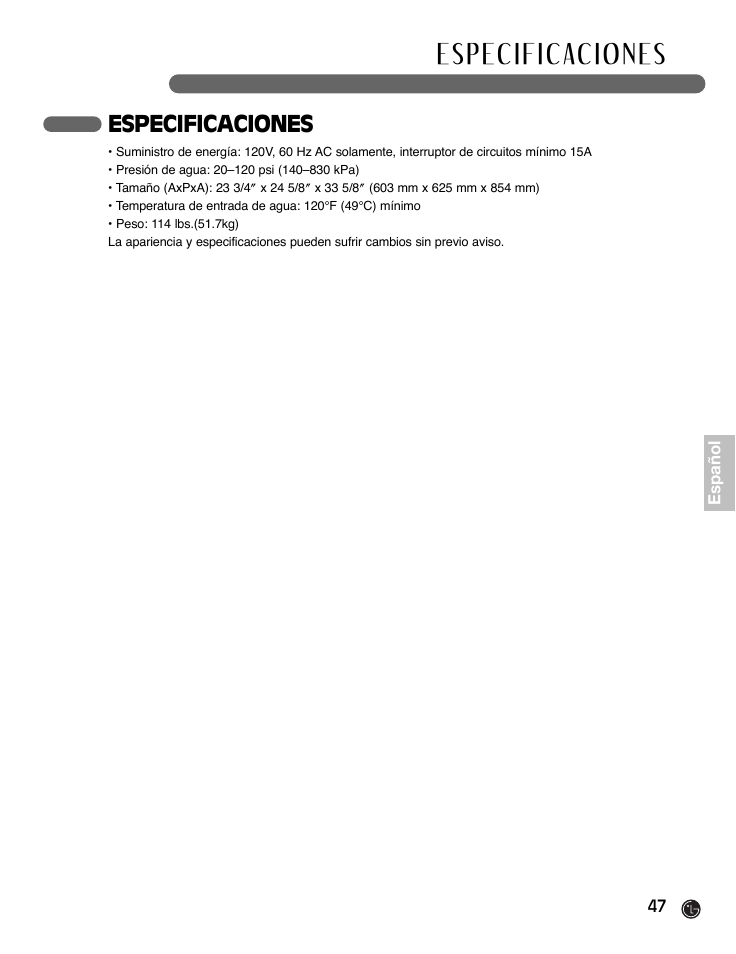 Especificaciones | LG LDF9932ST User Manual | Page 47 / 76