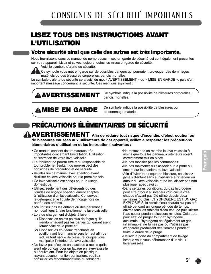 Lisez tous des instructions avant l'utilisation, Avertissement | LG LDF9932ST User Manual | Page 51 / 76