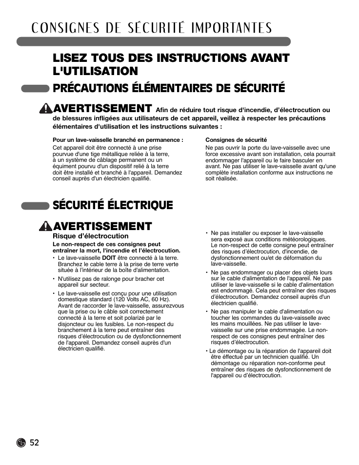 Lisez tous des instructions avant l'utilisation, Précautions élémentaires de sécurité avertissement, Sécurité électrique avertissement | LG LDF9932ST User Manual | Page 52 / 76