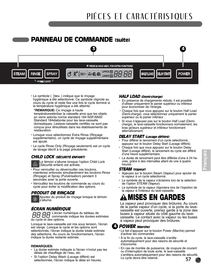 Mises en gardes, Panneau de commande, Power | 57 français, Suite) | LG LDF9932ST User Manual | Page 57 / 76