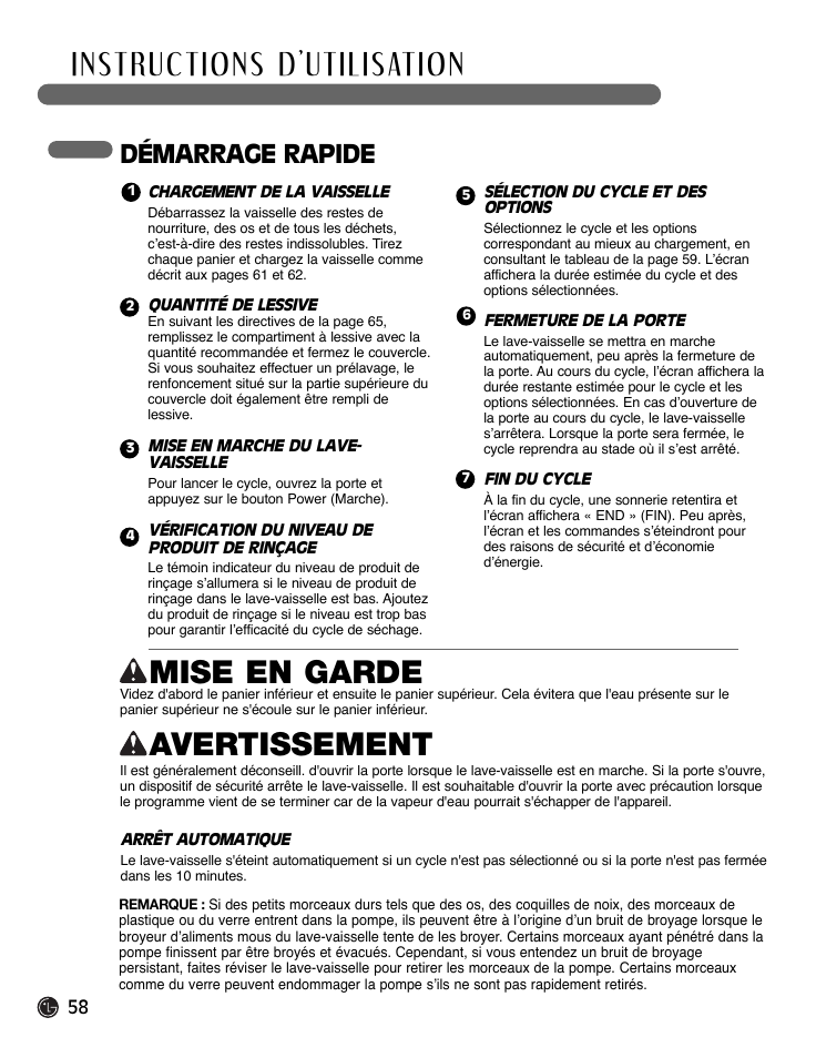 Mise en garde, Avertissement, Démarrage rapide | LG LDF9932ST User Manual | Page 58 / 76