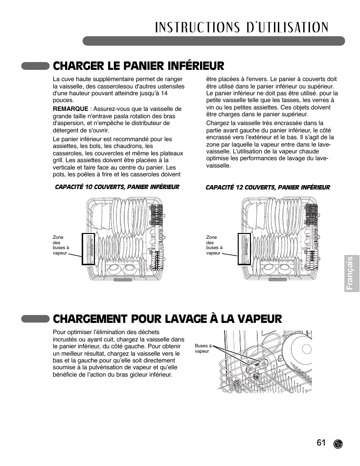 Charger le panier inférieur, Chargement pour lavage à la vapeur | LG LDF9932ST User Manual | Page 61 / 76