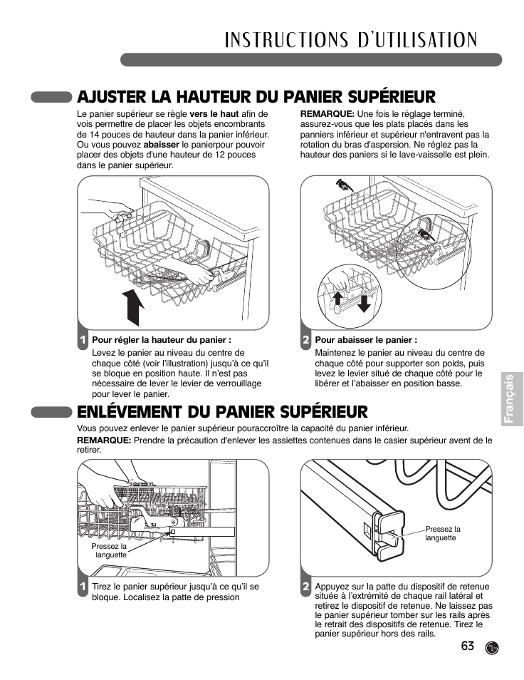 Ajuster la hauteur du panier supérieur, Enlévement du panier supérieur | LG LDF9932ST User Manual | Page 63 / 76