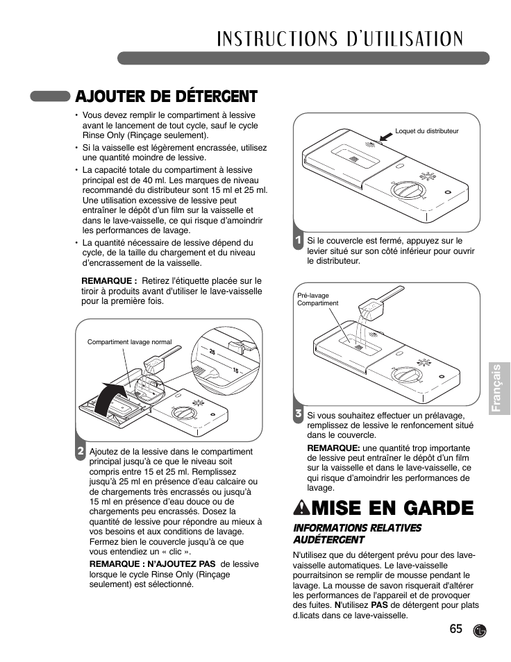 Mise en garde, Ajouter de détergent | LG LDF9932ST User Manual | Page 65 / 76