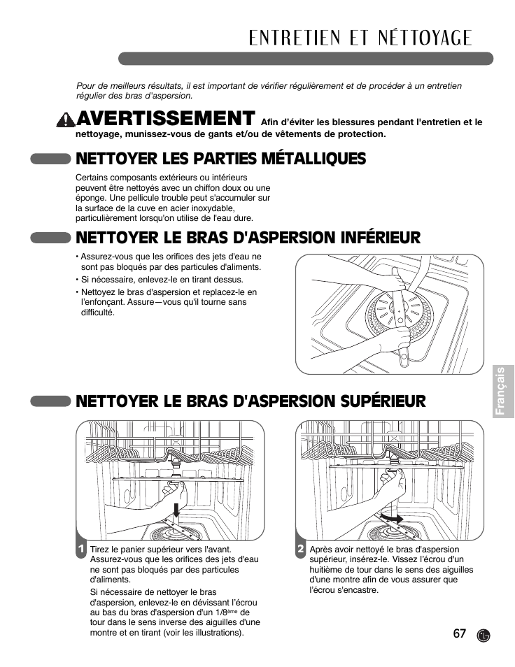 Avertissement, Nettoyer les parties métalliques, Nettoyer le bras d'aspersion inférieur | Nettoyer le bras d'aspersion supérieur | LG LDF9932ST User Manual | Page 67 / 76