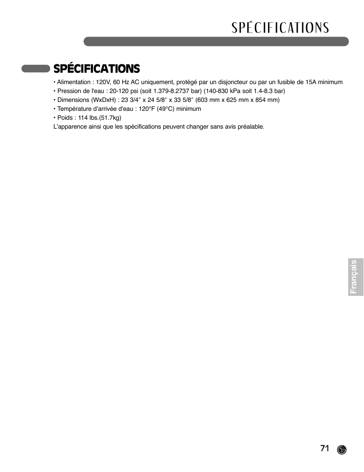 Spécifications | LG LDF9932ST User Manual | Page 71 / 76