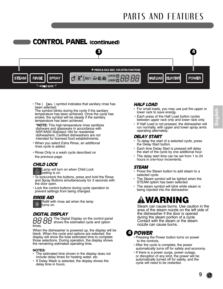 Warning, Control panel, Power | Continued), English | LG LDF9932ST User Manual | Page 9 / 76