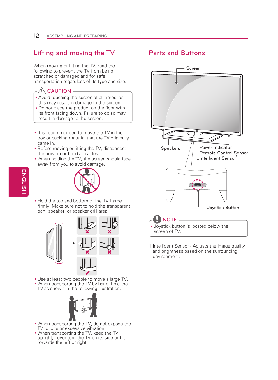Lifting and moving the tv, Parts and buttons, English 12 | LG 50PB6650 User Manual | Page 12 / 28