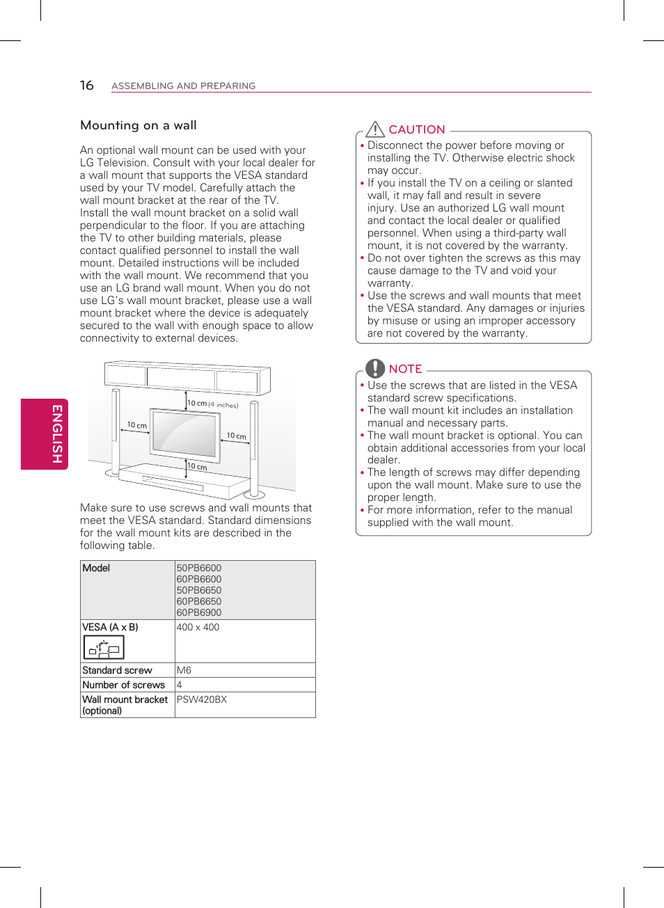 English 16, Mounting on a wall | LG 50PB6650 User Manual | Page 16 / 28