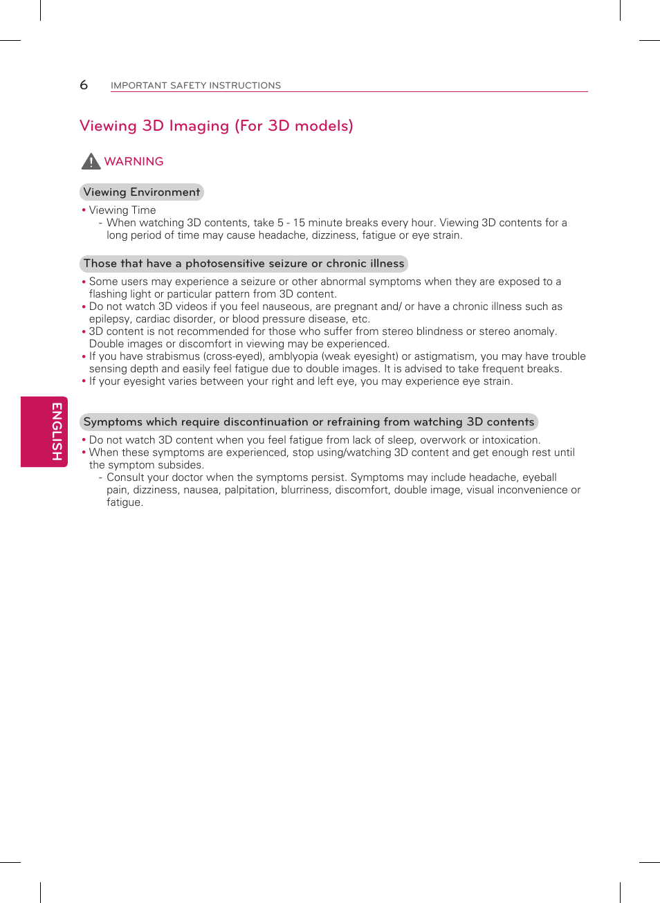 Viewing 3d imaging (for 3d models), English 6 | LG 50PB6650 User Manual | Page 6 / 28