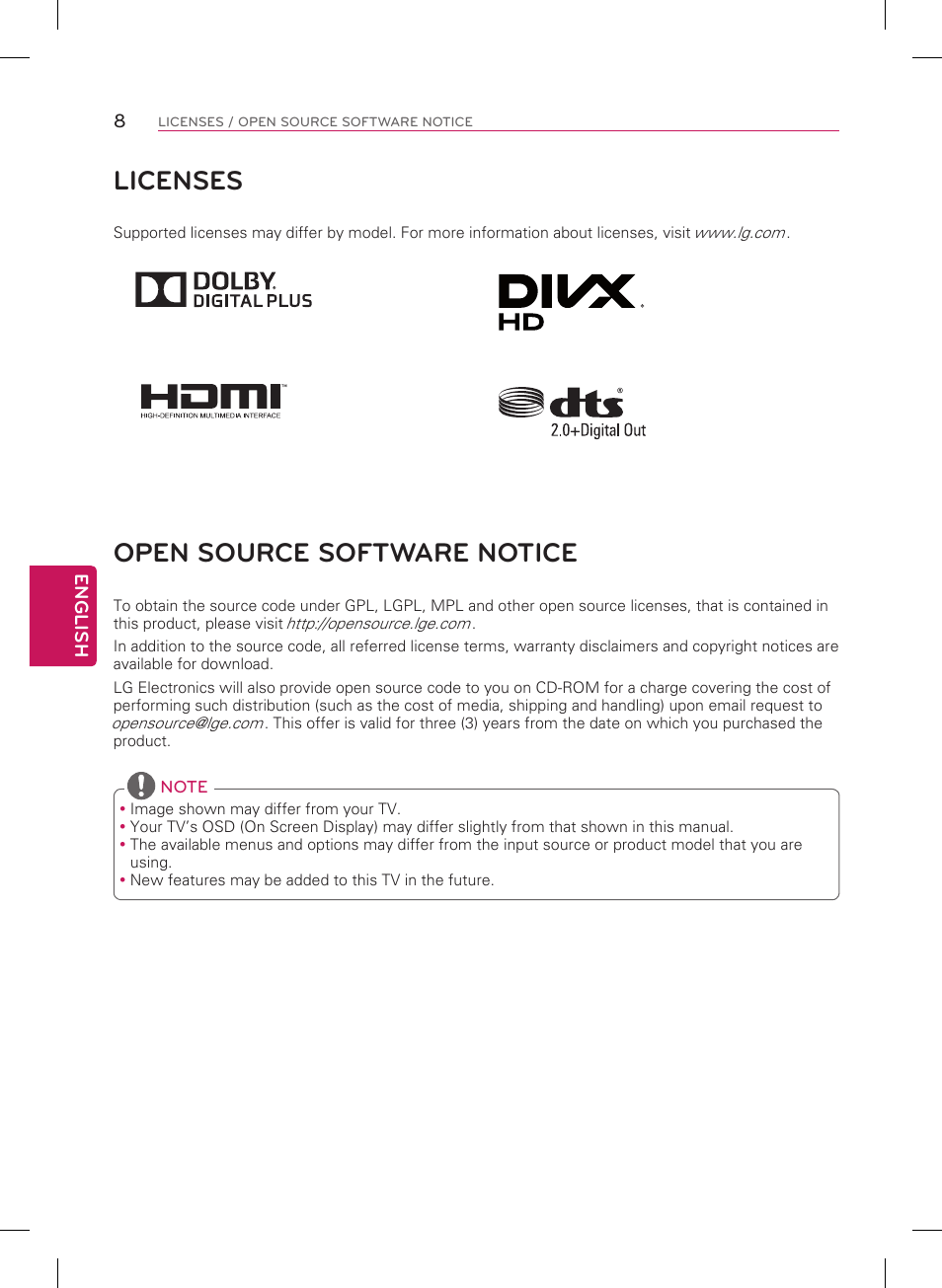 Licenses, Open source software notice | LG 50PB6650 User Manual | Page 8 / 28