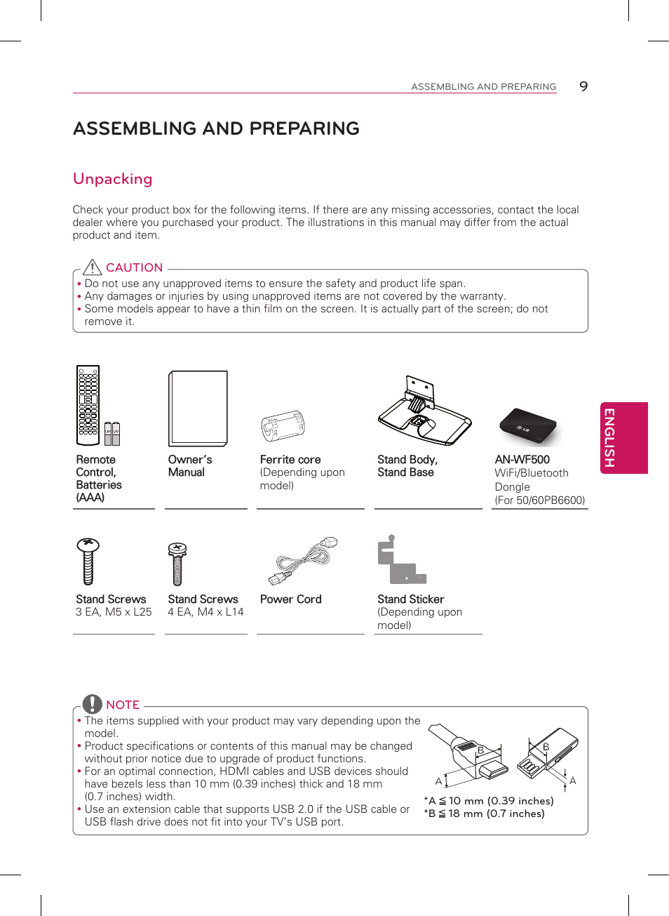 Assembling and preparing, Unpacking, English | LG 50PB6650 User Manual | Page 9 / 28