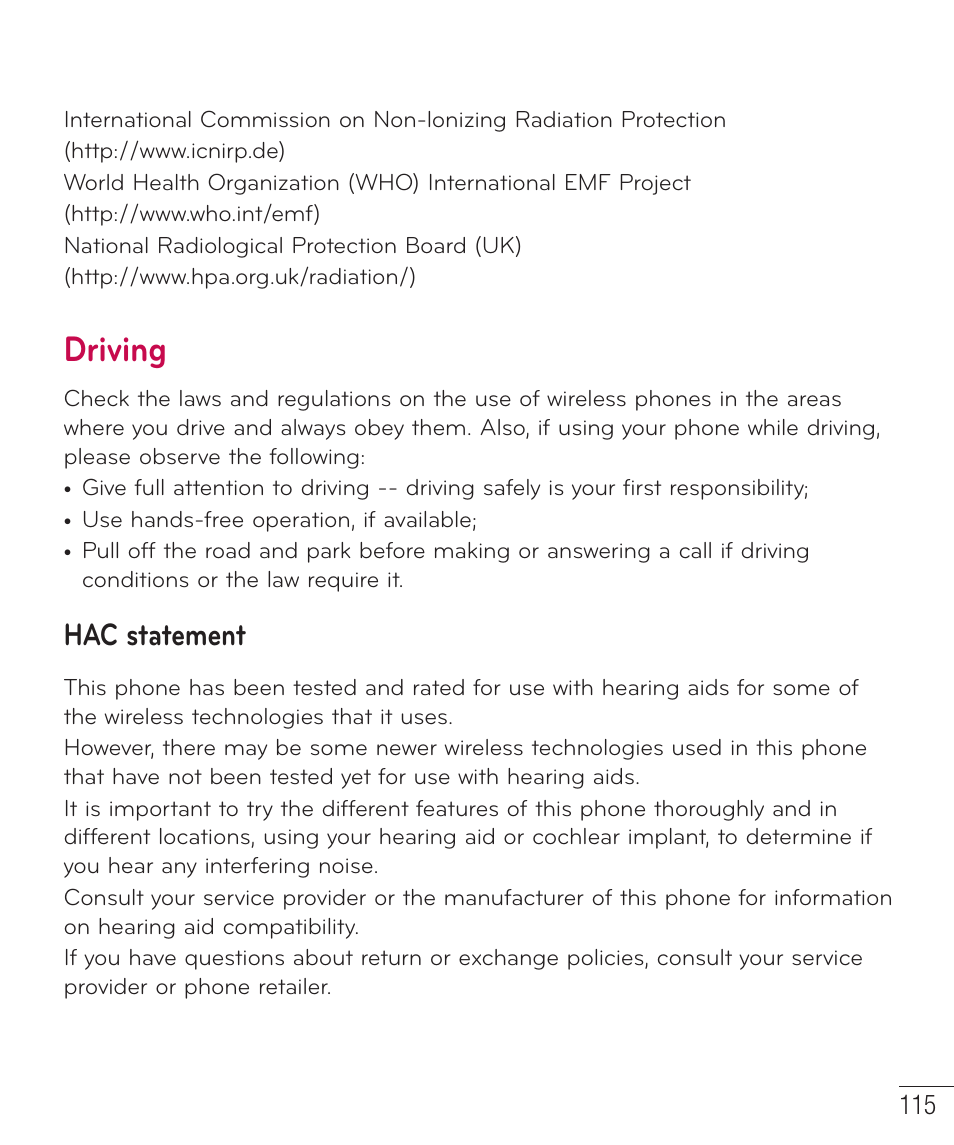 Driving, Hac statement | LG LGD415RD User Manual | Page 116 / 121