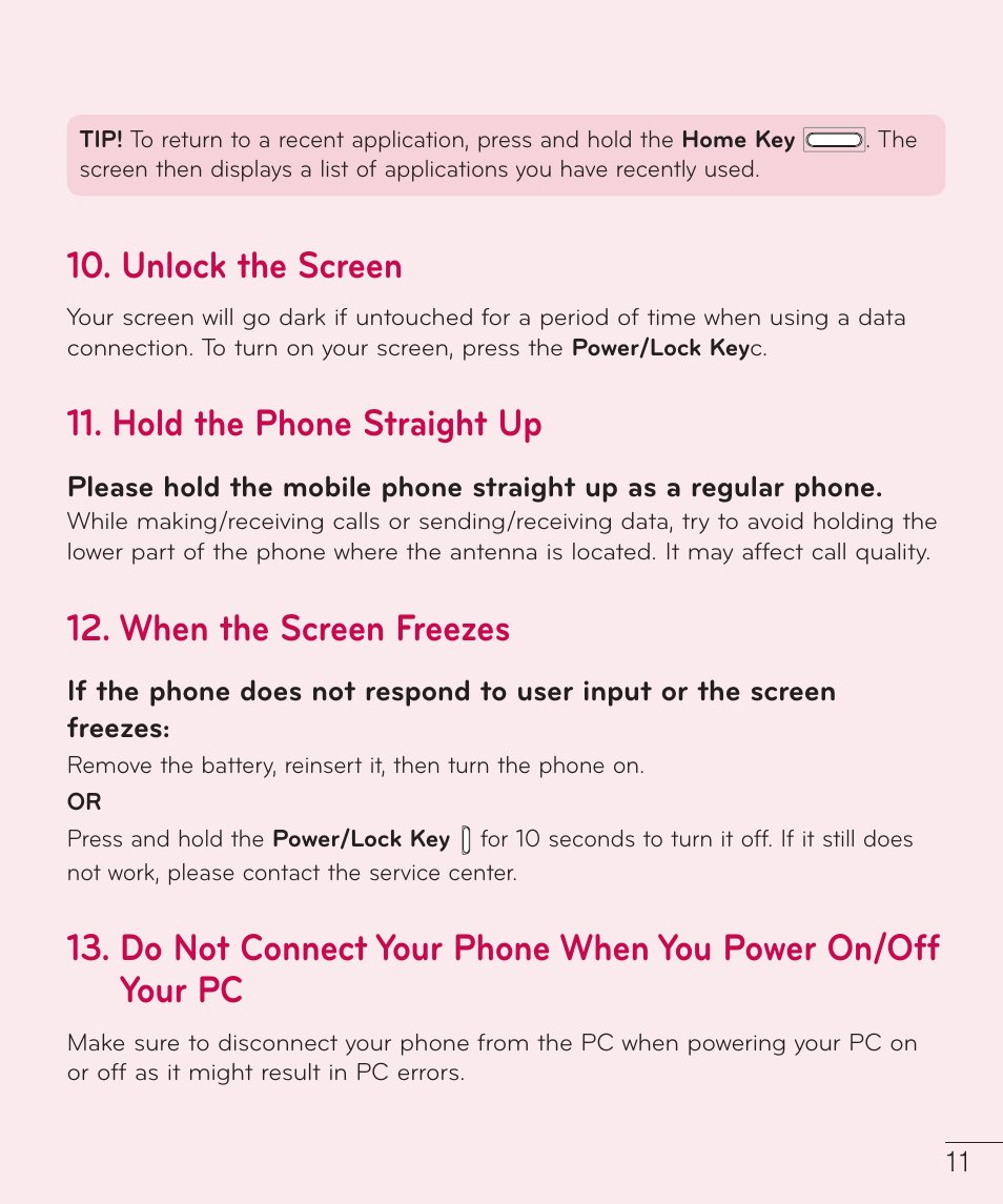 Unlock the screen, Hold the phone straight up, When the screen freezes | LG LGD415RD User Manual | Page 12 / 121