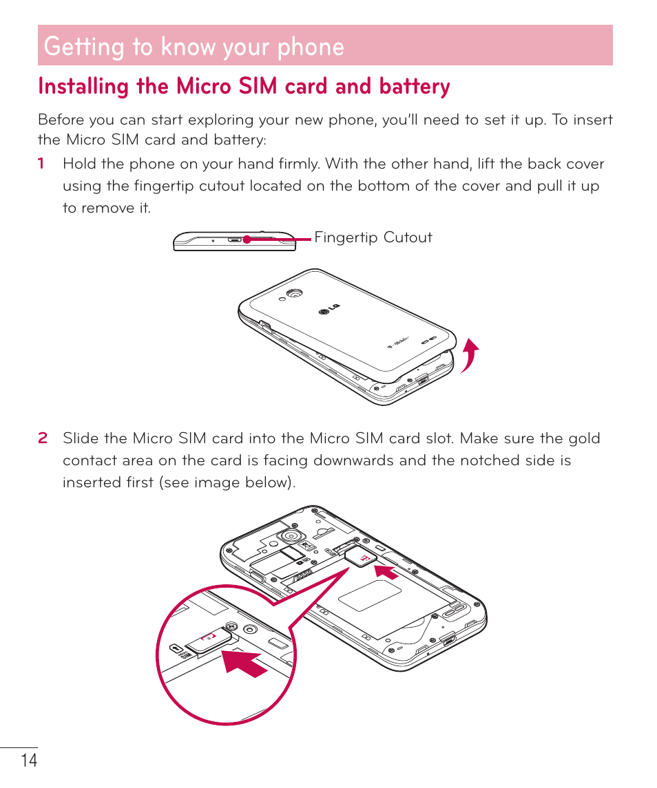 Getting to know your phone, Installing the micro sim card and battery | LG LGD415RD User Manual | Page 15 / 121