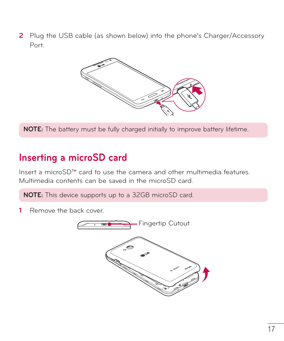 Inserting a microsd card | LG LGD415RD User Manual | Page 18 / 121