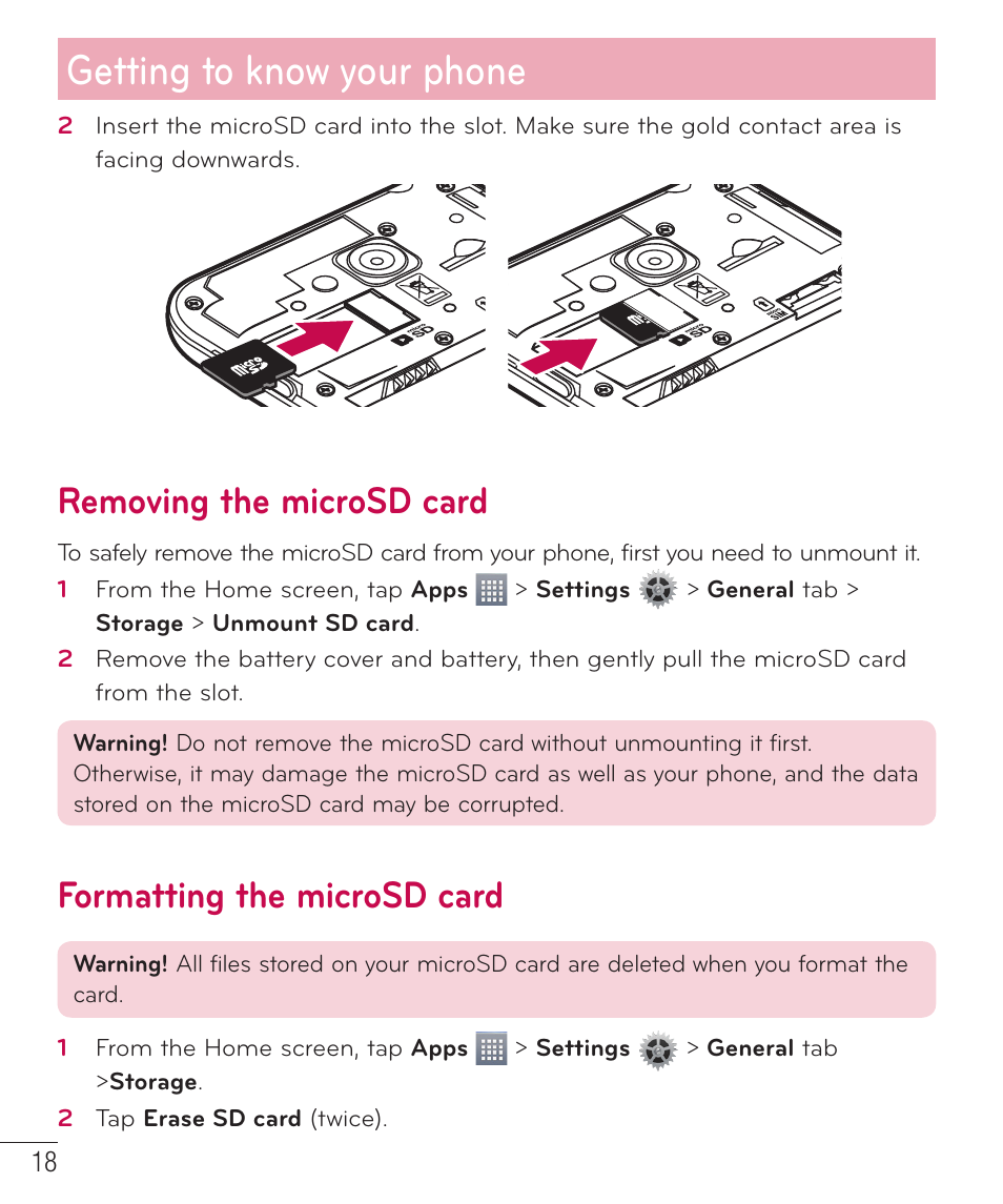 Getting to know your phone, Removing the microsd card, Formatting the microsd card | LG LGD415RD User Manual | Page 19 / 121