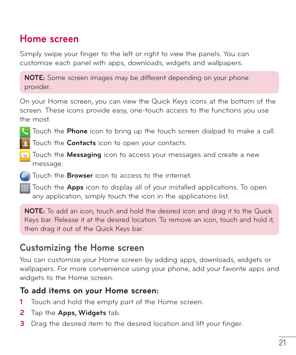 Home screen, Customizing the home screen | LG LGD415RD User Manual | Page 22 / 121