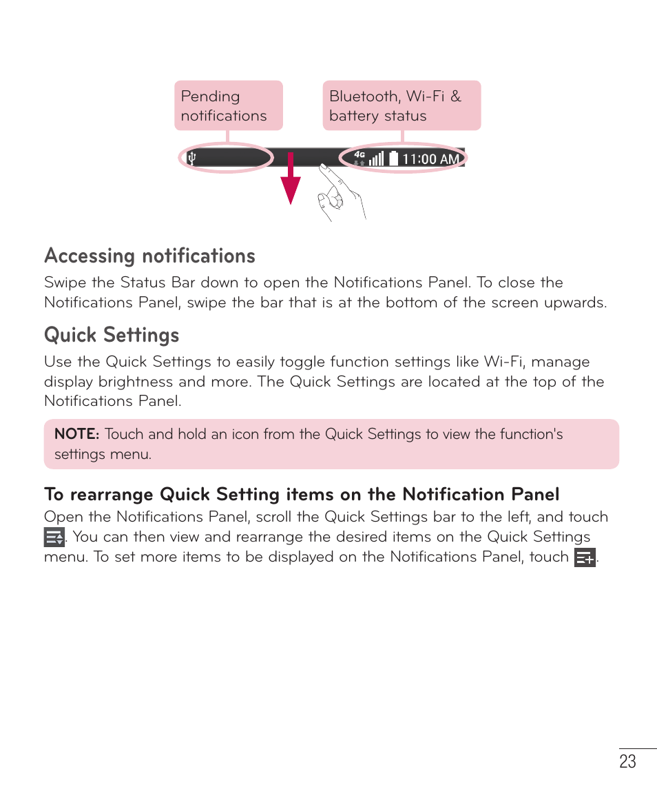 Accessing notifications, Quick settings | LG LGD415RD User Manual | Page 24 / 121