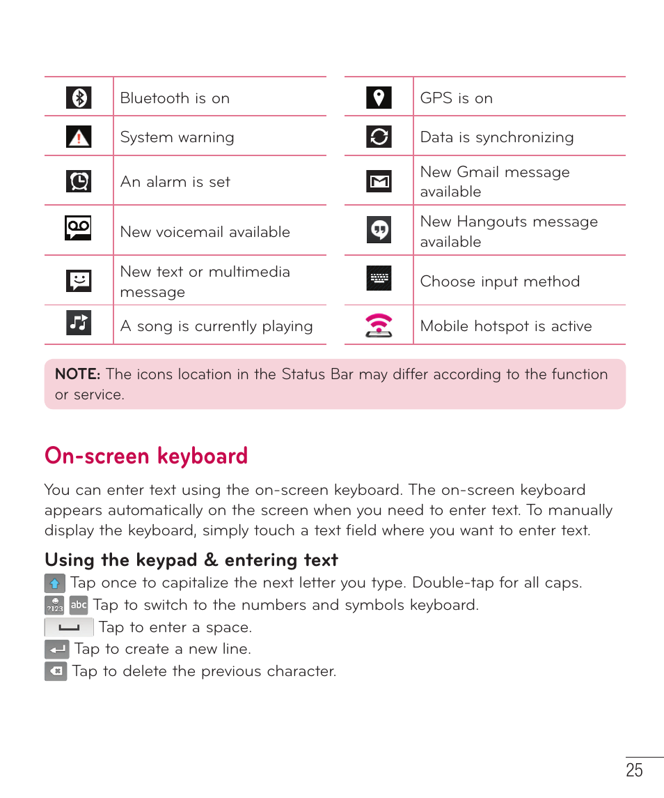 On-screen keyboard, Using the keypad & entering text | LG LGD415RD User Manual | Page 26 / 121