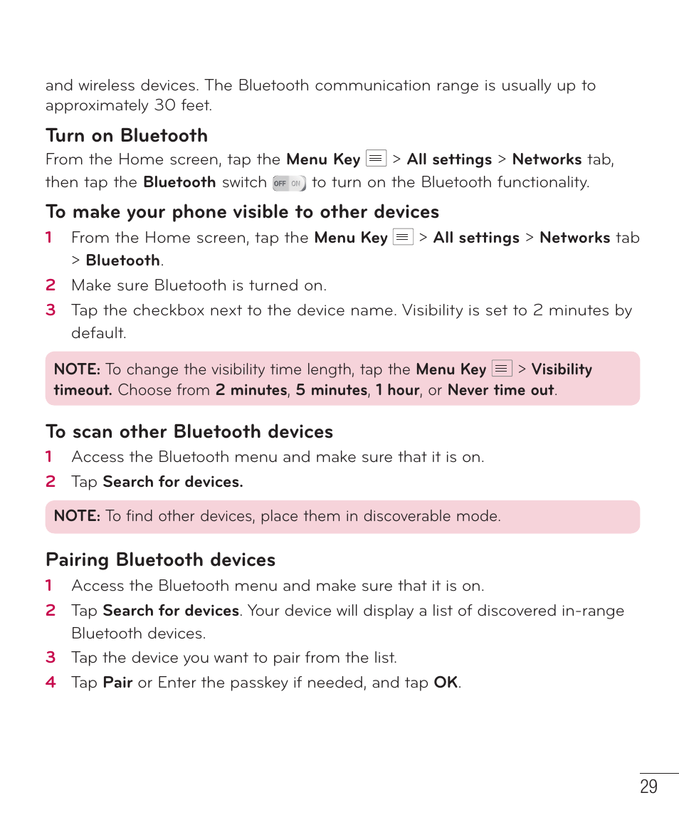 Turn on bluetooth, Pairing bluetooth devices | LG LGD415RD User Manual | Page 30 / 121