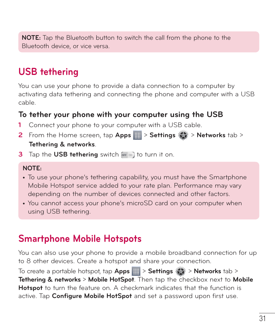 Usb tethering, Smartphone mobile hotspots | LG LGD415RD User Manual | Page 32 / 121