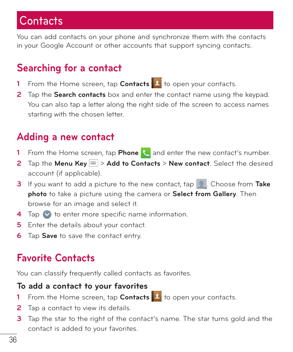 Contacts, Searching for a contact, Adding a new contact | Favorite contacts | LG LGD415RD User Manual | Page 37 / 121