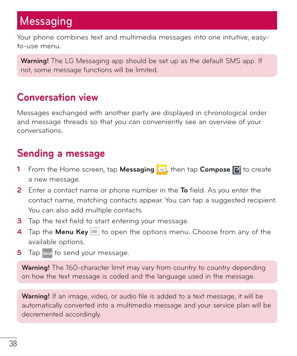 Messaging, Conversation view, Sending a message | LG LGD415RD User Manual | Page 39 / 121