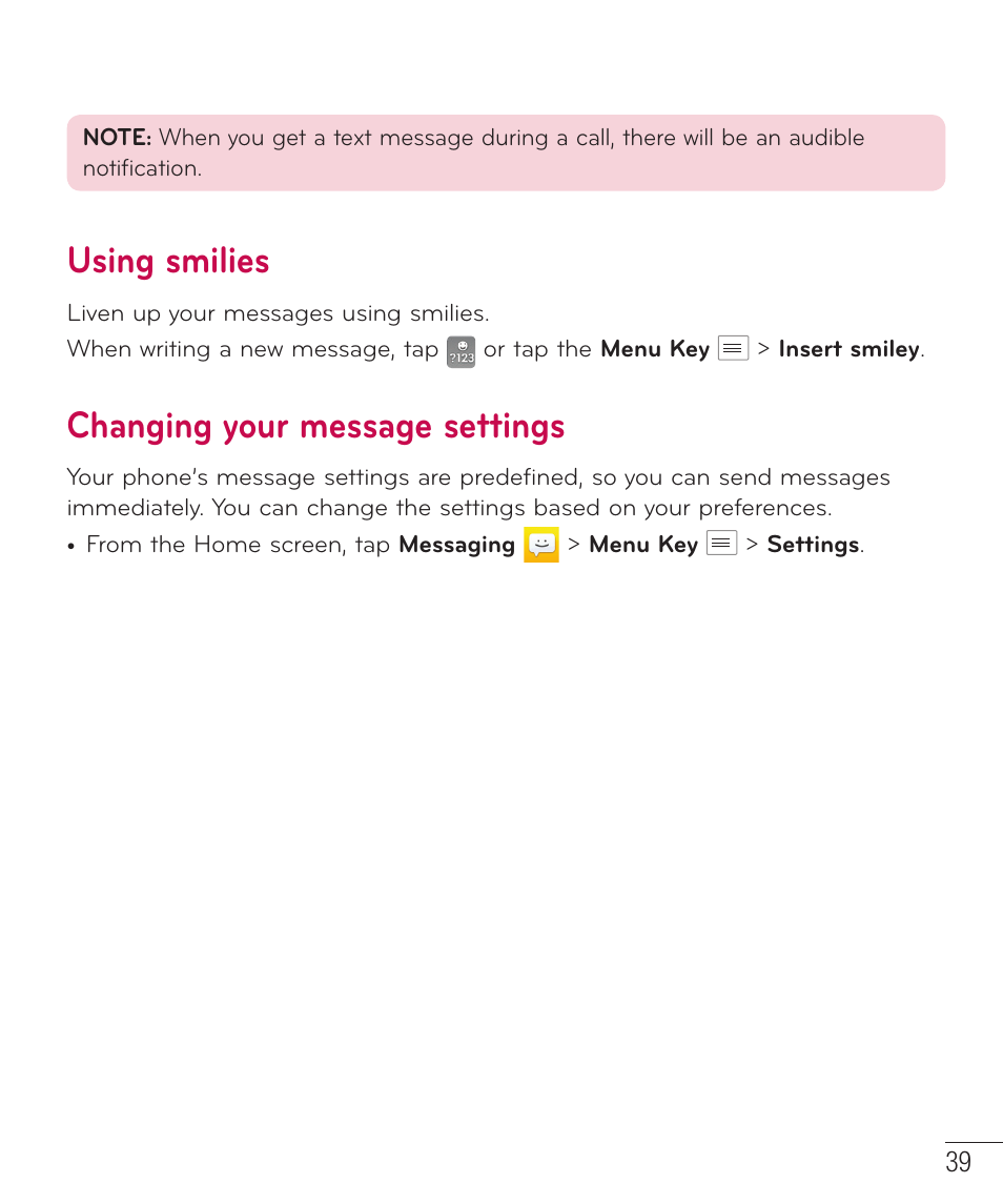 Using smilies, Changing your message settings | LG LGD415RD User Manual | Page 40 / 121