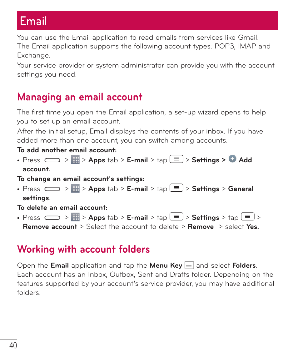 Email, Managing an email account, Working with account folders | LG LGD415RD User Manual | Page 41 / 121