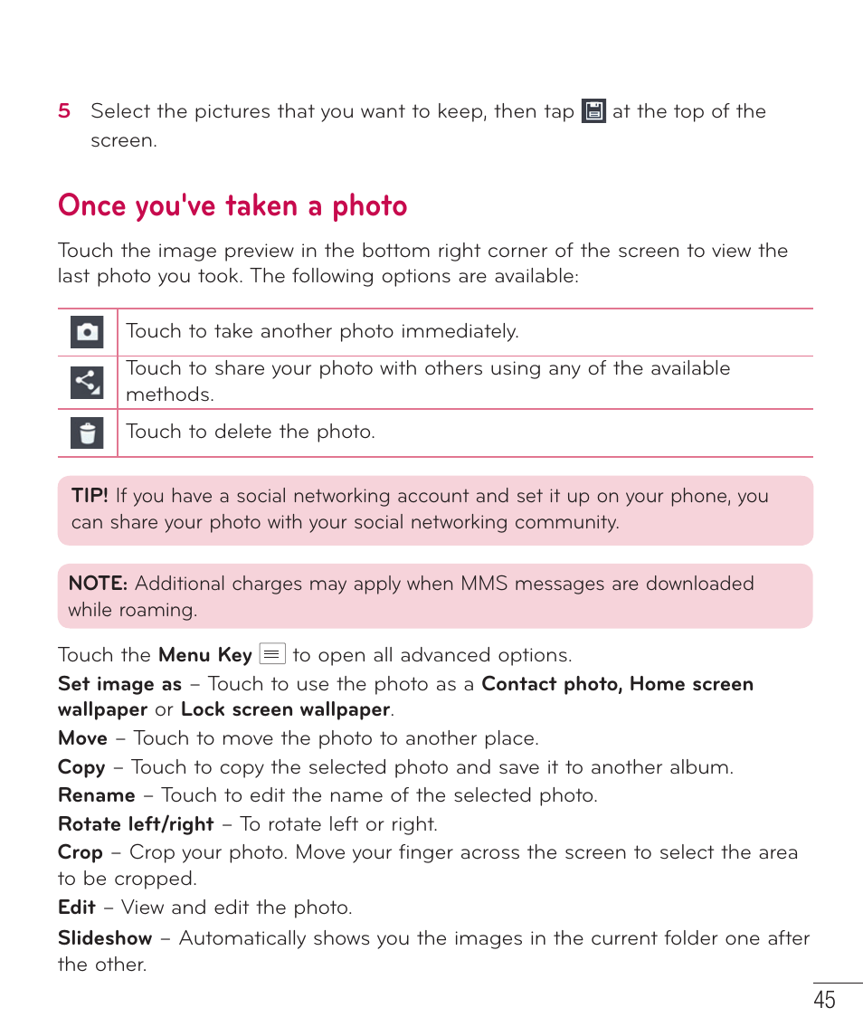 Once you've taken a photo | LG LGD415RD User Manual | Page 46 / 121