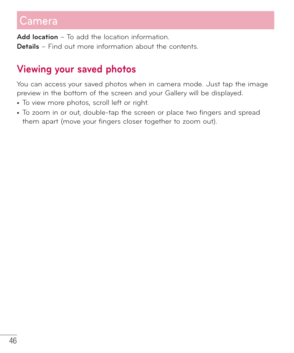 Camera, Viewing your saved photos | LG LGD415RD User Manual | Page 47 / 121