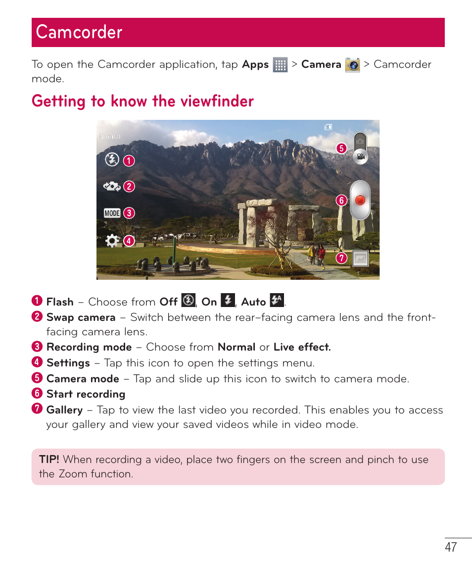 Camcorder, Getting to know the viewfinder | LG LGD415RD User Manual | Page 48 / 121