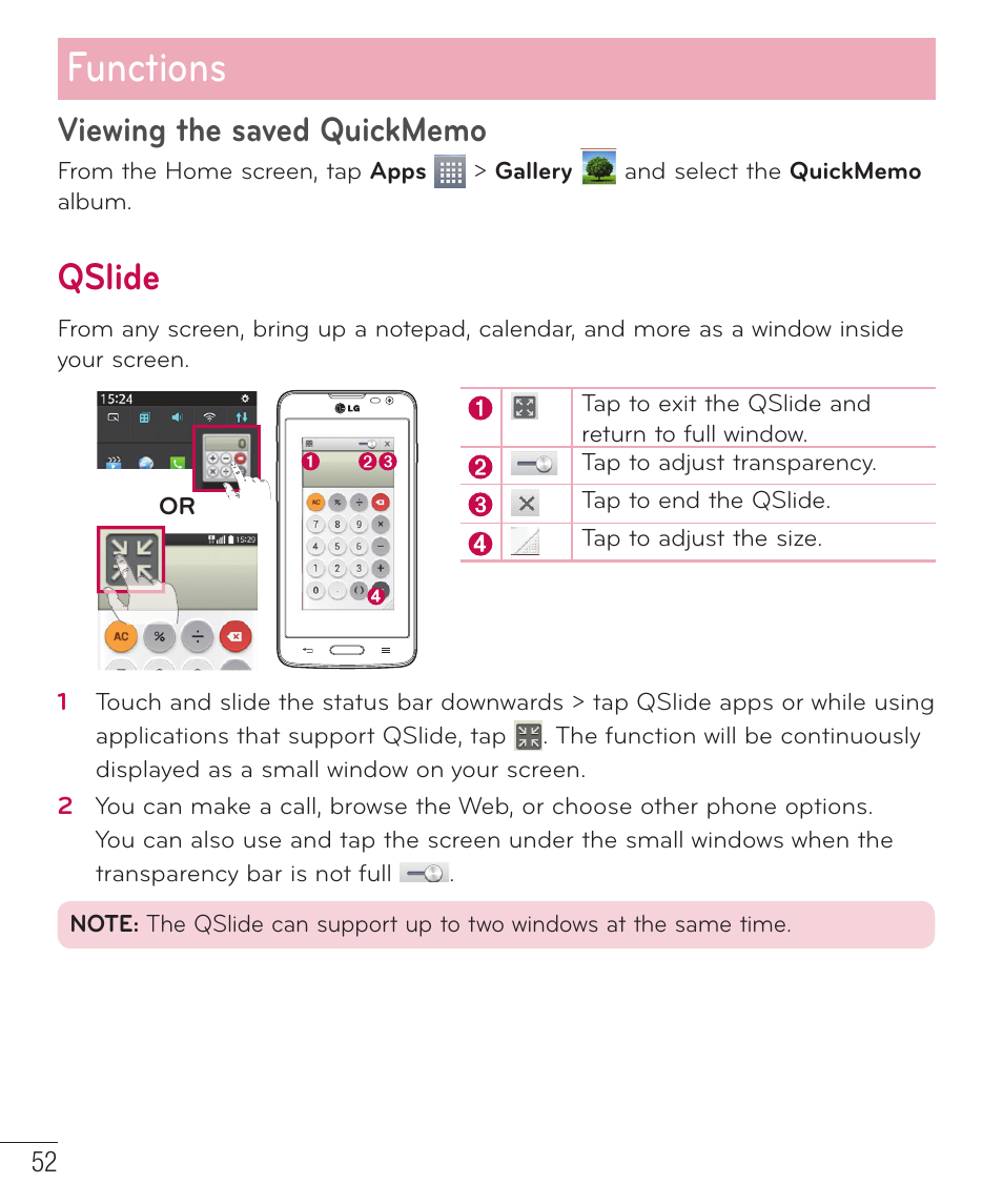 Functions, Qslide | LG LGD415RD User Manual | Page 53 / 121
