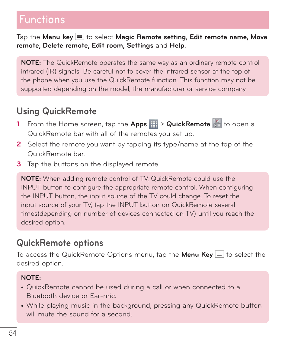Functions, Using quickremote, Quickremote options | LG LGD415RD User Manual | Page 55 / 121