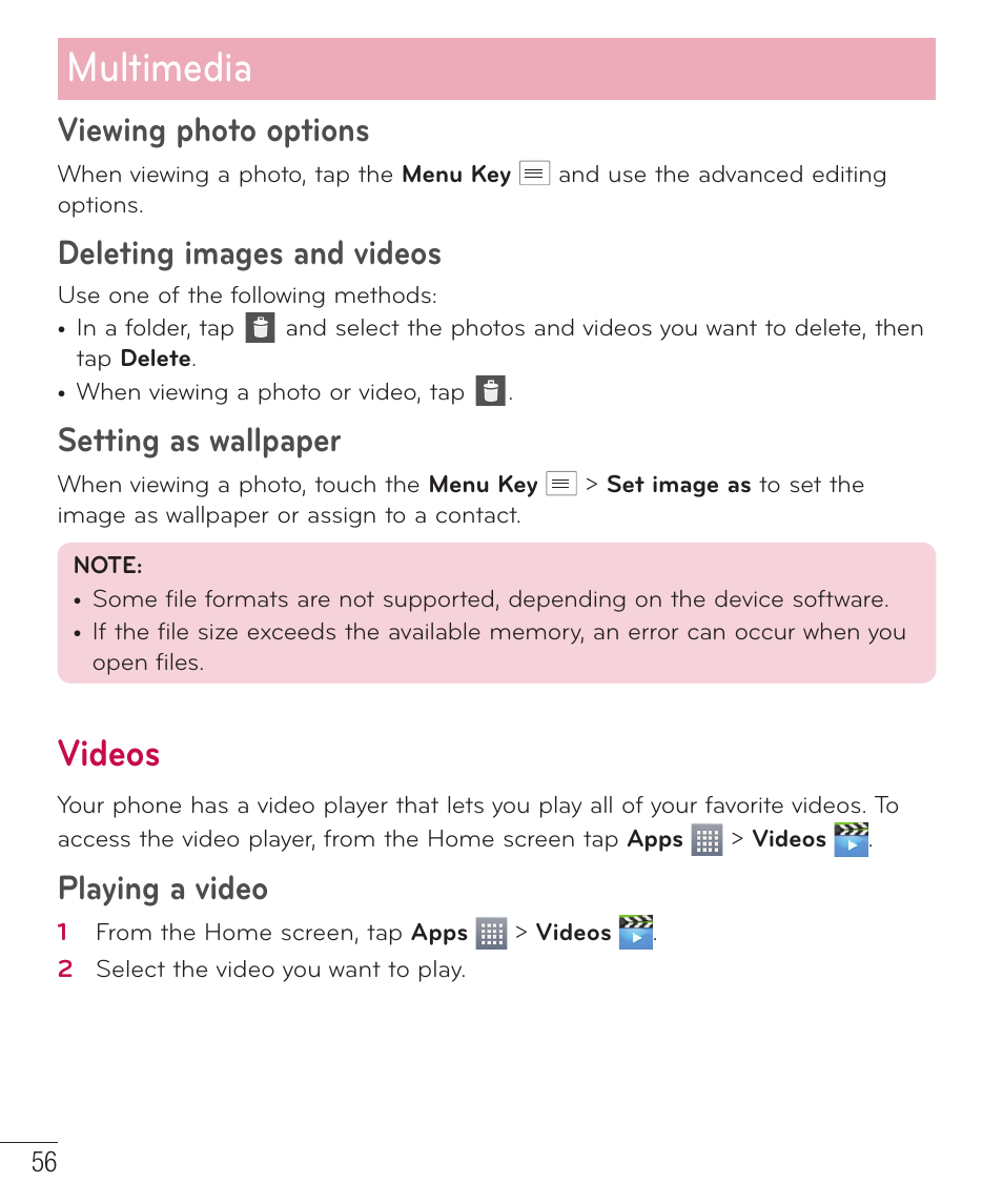 Multimedia, Videos, Viewing photo options | Deleting images and videos, Setting as wallpaper, Playing a video | LG LGD415RD User Manual | Page 57 / 121