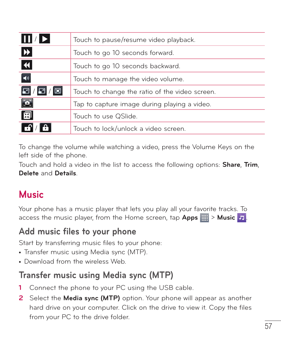 Music, Add music files to your phone, Transfer music using media sync (mtp) | LG LGD415RD User Manual | Page 58 / 121