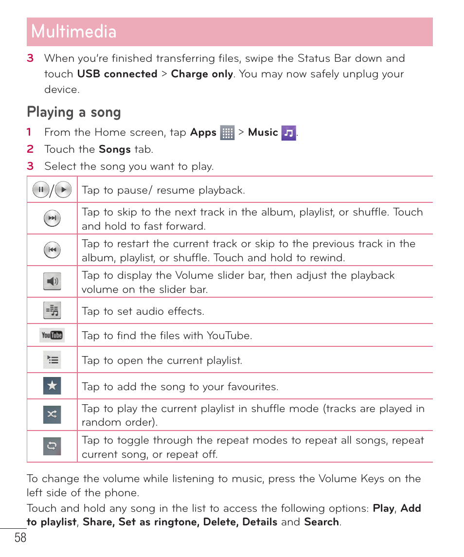 Multimedia, Playing a song | LG LGD415RD User Manual | Page 59 / 121