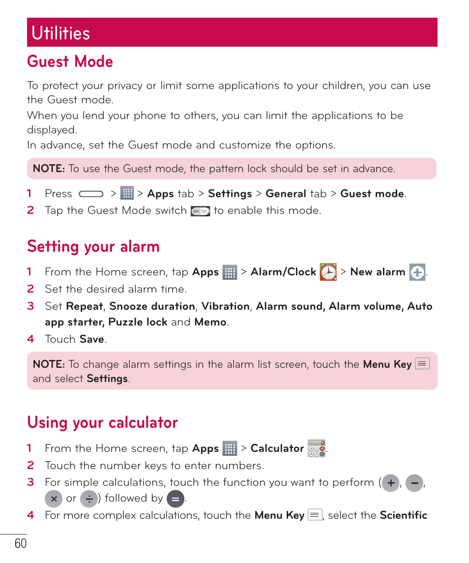 Utilities, Guest mode, Setting your alarm | Using your calculator | LG LGD415RD User Manual | Page 61 / 121