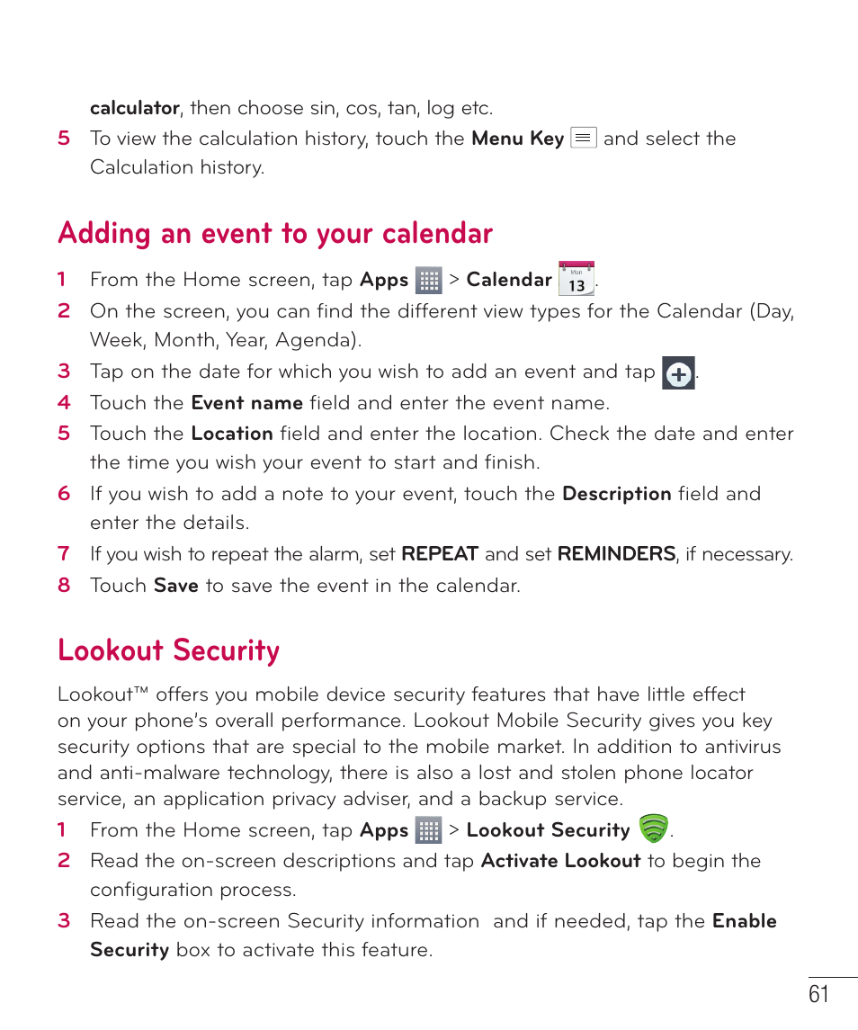 Adding an event to your calendar, Lookout security | LG LGD415RD User Manual | Page 62 / 121