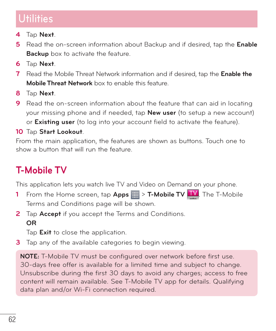 Utilities, T-mobile tv | LG LGD415RD User Manual | Page 63 / 121