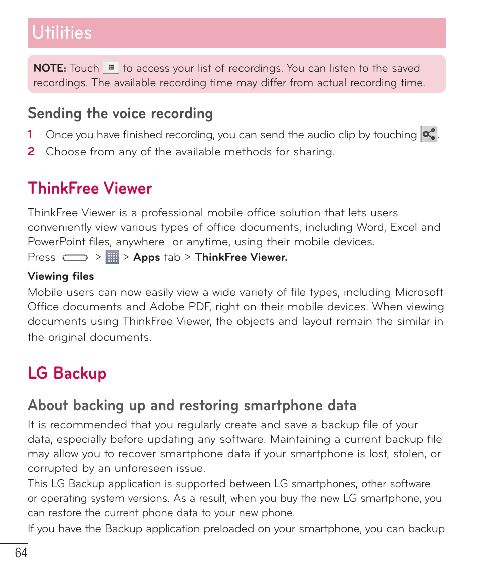 Utilities, Thinkfree viewer, Lg backup | Sending the voice recording, About backing up and restoring smartphone data | LG LGD415RD User Manual | Page 65 / 121