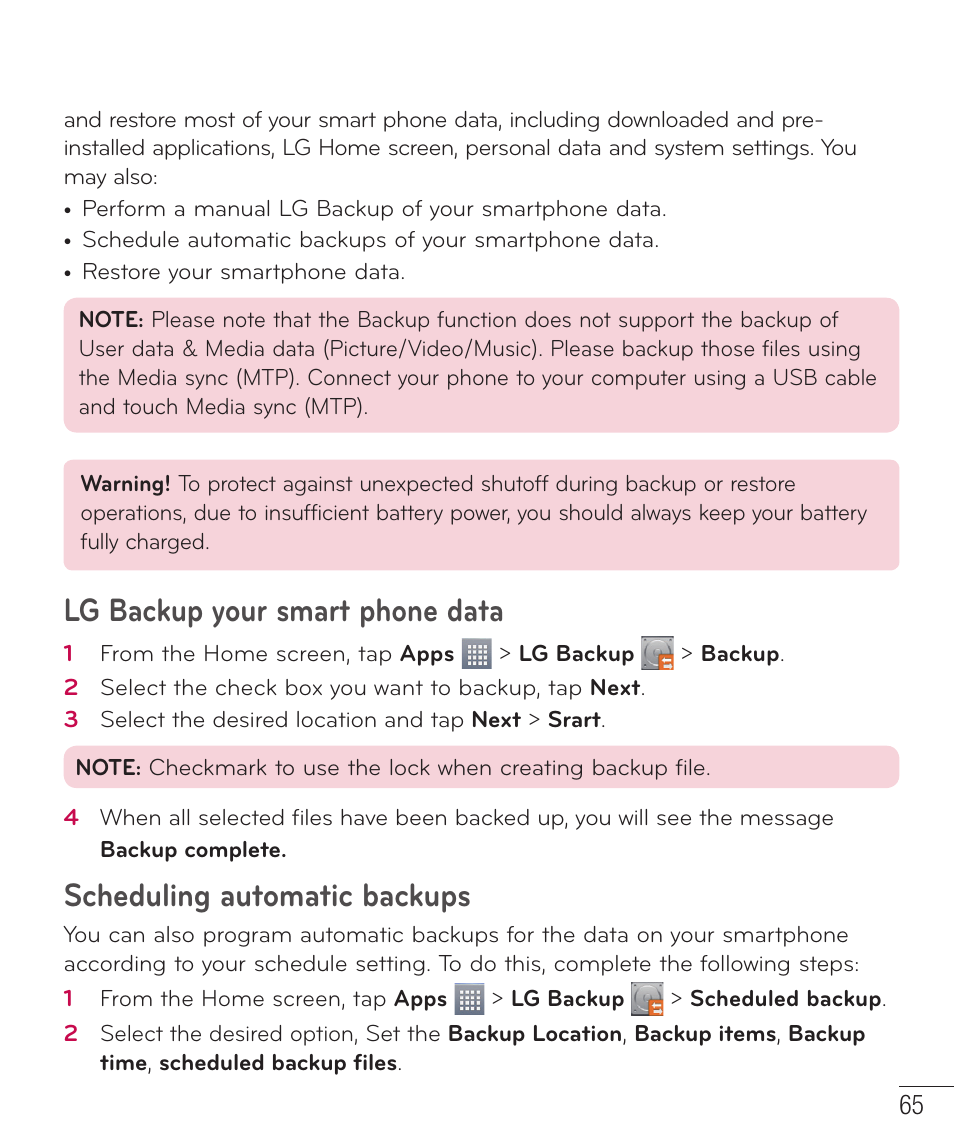 Lg backup your smart phone data, Scheduling automatic backups | LG LGD415RD User Manual | Page 66 / 121