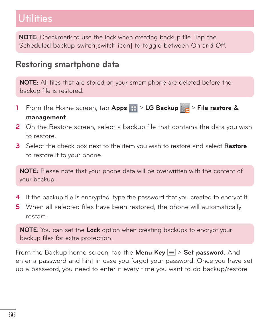 Utilities, Restoring smartphone data | LG LGD415RD User Manual | Page 67 / 121