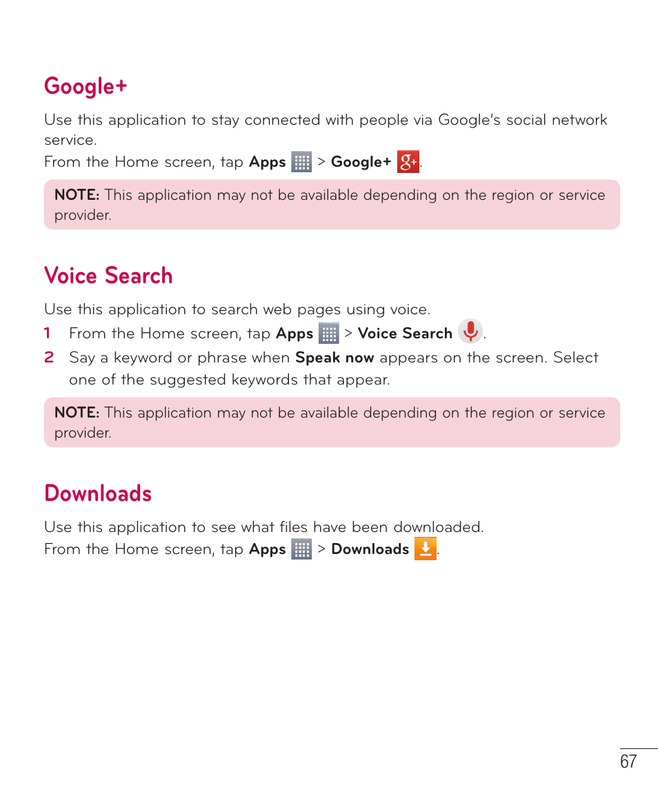 Google, Voice search, Downloads | LG LGD415RD User Manual | Page 68 / 121