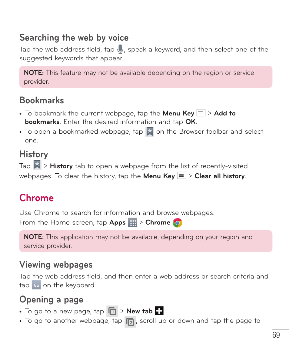 Chrome, Searching the web by voice, Bookmarks | History, Viewing webpages, Opening a page | LG LGD415RD User Manual | Page 70 / 121