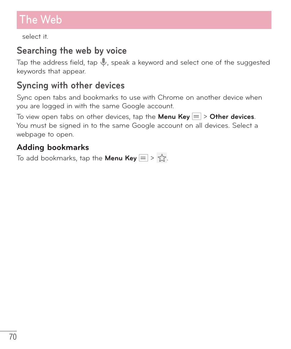 The web, Searching the web by voice, Syncing with other devices | LG LGD415RD User Manual | Page 71 / 121