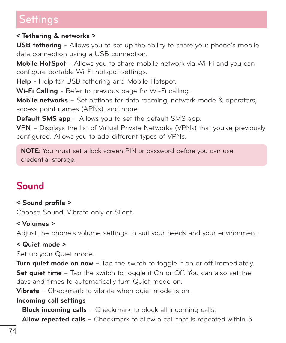 Settings, Sound | LG LGD415RD User Manual | Page 75 / 121