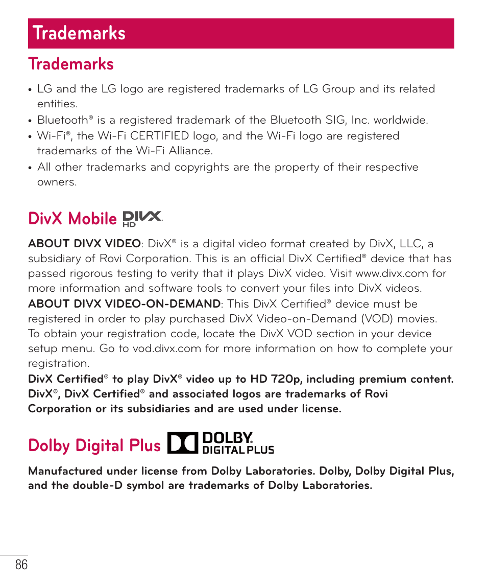 Trademarks, Divx mobile, Dolby digital plus | LG LGD415RD User Manual | Page 87 / 121