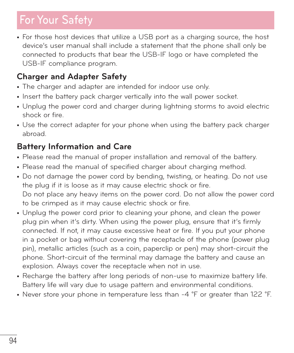 For your safety, Charger and adapter safety, Battery information and care | LG LGD415RD User Manual | Page 95 / 121